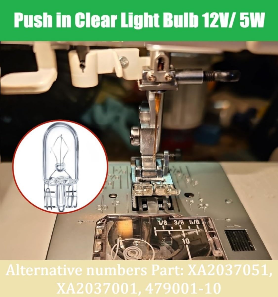 (2 PCS) Sewing Machine Push in Clear Light Bulb (12V/ 5W) fits for Brother Baby Lock Singer Elna -Replace XA2037001, XA2037051, 479001, 479001-10