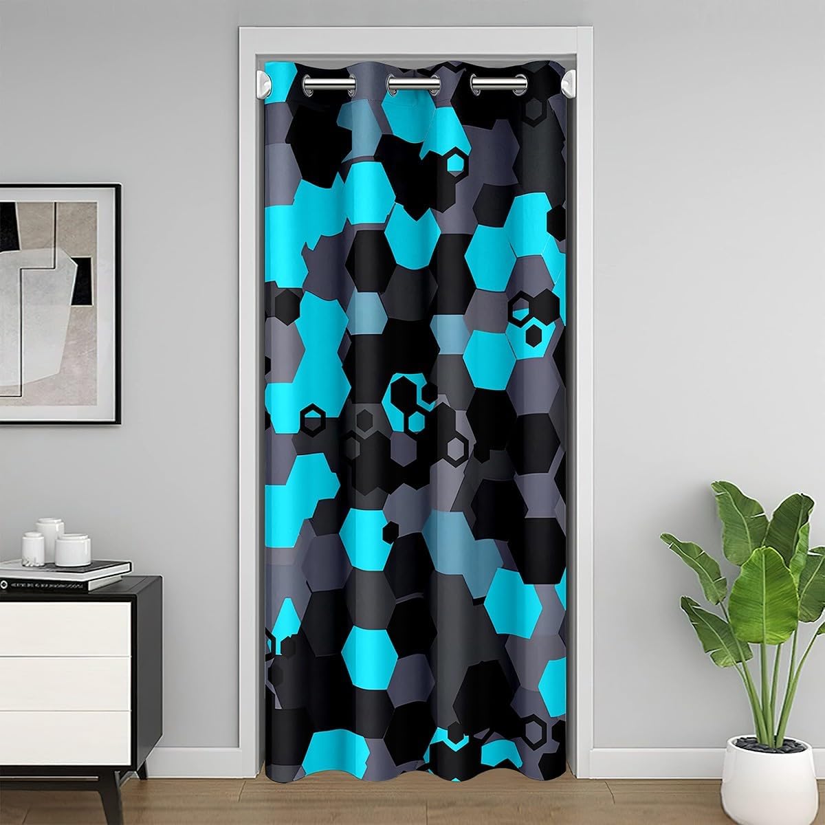 jejeloiu Blue Honeycomb Door Curtain for Doorway Privacy 52"x80" Modern Hexagon Theme Closet Cover Decor Camouflage Camo Geometric Abstract Room Divider Curtain Cover 30%-50% Blackout Shades