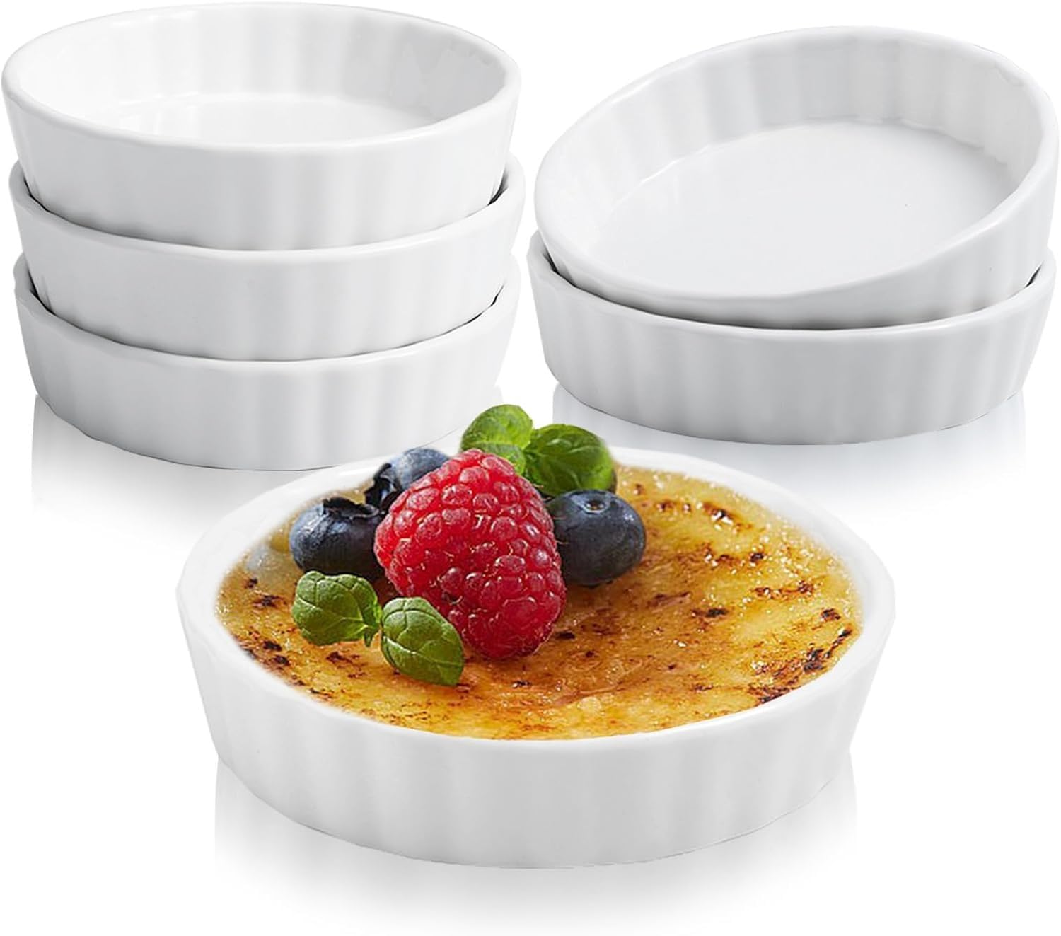 Spymero 6 Pack Creme Brulee Ramekins, 8 Oz, Round, Fluted, Porcelain