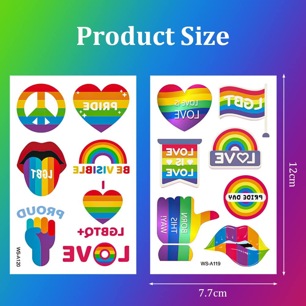 AOMIG 70+ stylów tatuaży z dumą, 10 dużych arkuszy tymczasowych tatuaży Gay Pride, wodoodporne naklejki z tatuażami LGBT Rainbow Flag na festiwale Pride dekoracje świąteczne