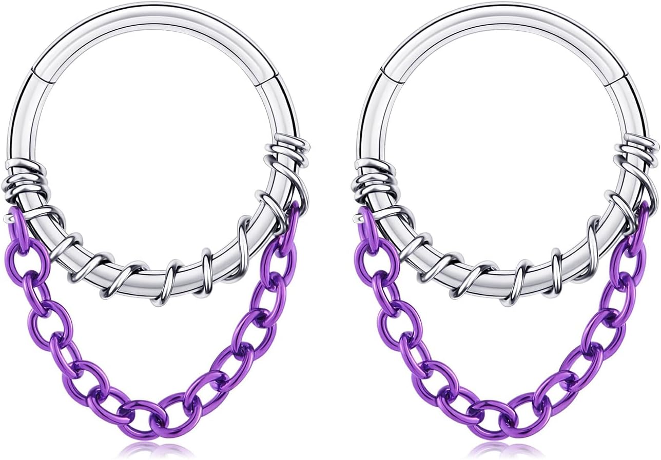 2PCS Stainless Steel 16G Septum Clicker Dangle Hinged Segment Ring with Chain Wire Wrapped Septum Clicker Daith Cartilage Heilx Earrings Nose Ring Hoop Septum Piercing Jewelry 5/16" 3/8"