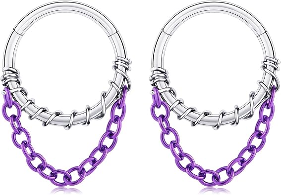2PCS Stainless Steel 16G Septum Clicker Dangle Hinged Segment Ring with Chain Wire Wrapped Septum Clicker Daith Cartilage Heilx Earrings Nose Ring Hoop Septum Piercing Jewelry 5/16" 3/8"