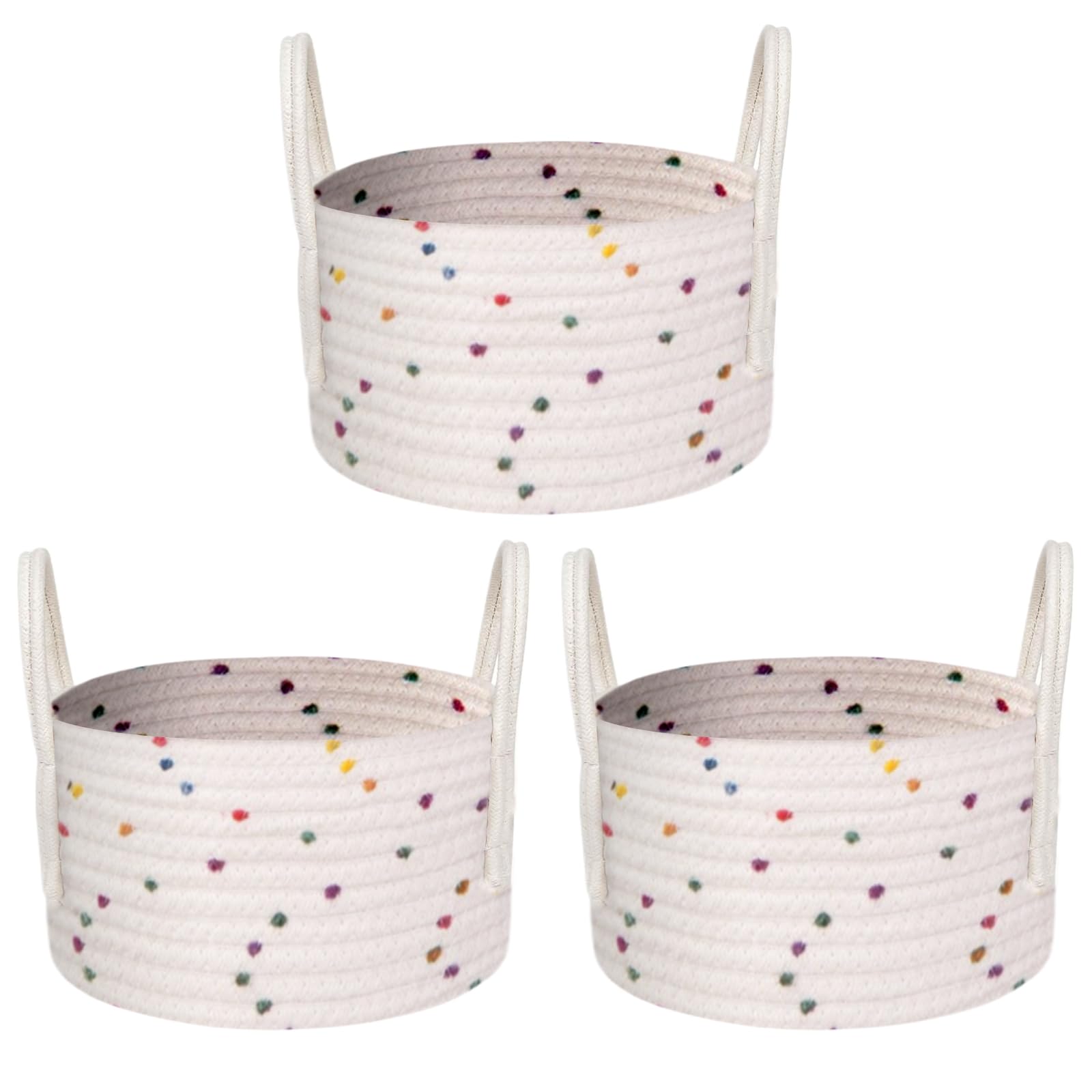 3 Pack Cute Round Cotton Rope Storage Baskets, Small Rope Baskets with Handles, Decorative Baskets for Storage, Toy Storage Organizer Bins, Colorful Storage Baskets, Colorful