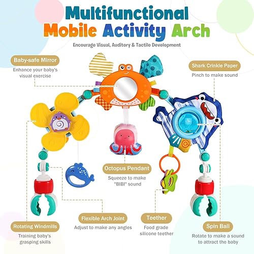 Miniatura 2 de Juguetes de asiento de coche para cochecito de bebé, juguetes de arco de actividad móvil ajustable con juguetes de sonido y juguetes colgantes para
