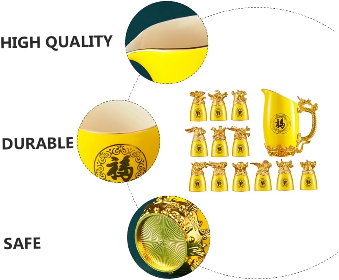 Alipis Chinese Style Liquor Drinking Kit Ceramic Wine Glasses Gold Plated Zodiac Animal Decor Set
