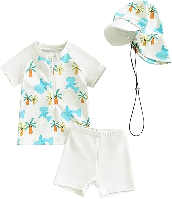 JiAmy Baby Boy Swimsuit 3 Piece Rash Guard Set, Toddler Boys Short Sleeve Swim Shirt with Trunks & Hat for 0-3 Years