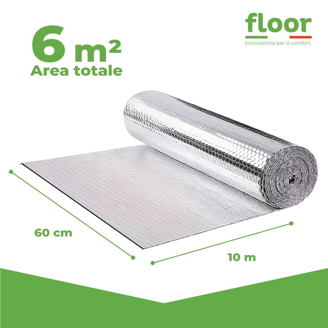FLOOR SYSTEMS Pannelli Termoriflettenti per Termosifoni a Doppio Strato Isolante - 10m x 60cm - Isolante Termico Riflettente per Caloriferi, Camping, Automobili - Protegge da Freddo, Caldo e Luce