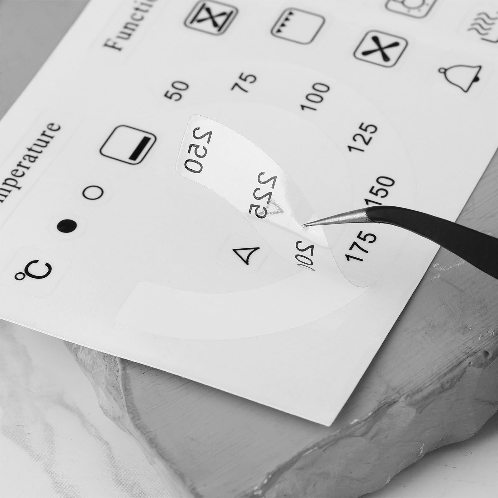 Create idea 4 Set Adesivi Per La Temperatura E Le Funzioni Del Forno 50–250°C + 18 Adesivi Con Simboli In Vinile Laminato Trasparenti Con Stampa Nero
