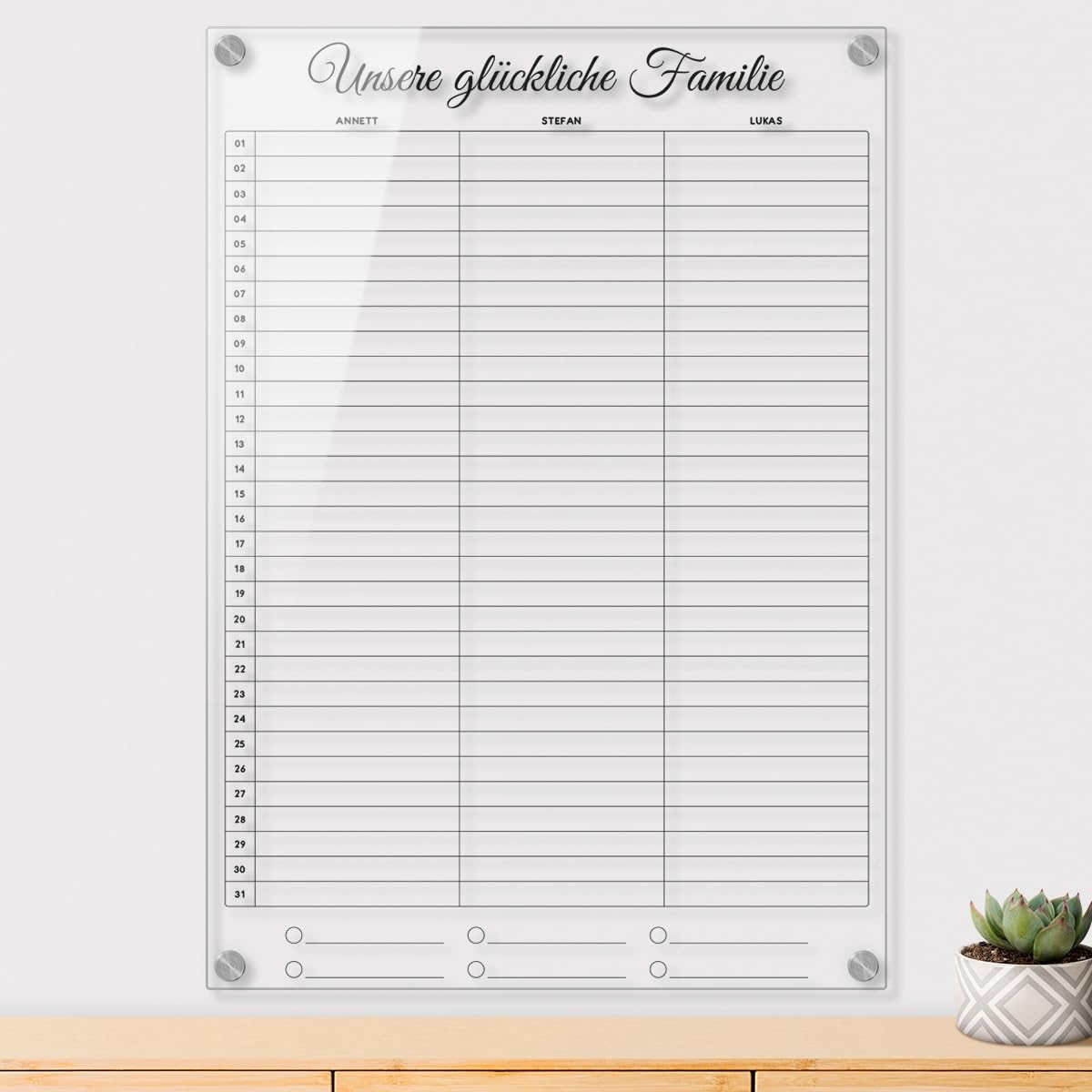 Personalisierter Acrylglas 3-Spalten Familienplaner Kalender abwischbar DIN A3, A2 oder A1 XXL wählbar inkl. Montagematerial und Edelstahl Abstandhalter, langlebig, klarer UV-Druck