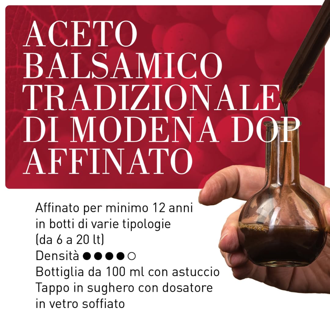 La Secchia - Aceto Balsamico Tradizionale di Modena DOP "Affinato", Invecchiato Almeno 12 Anni, Bottiglia 100 ml con Tappo Dosatore in Vetro Soffiato, Confezione Regalo