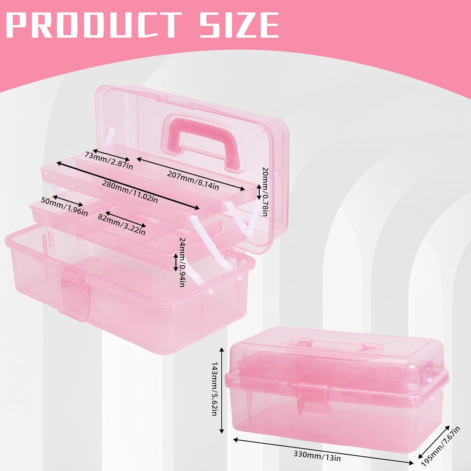 AnRui First Aid Transparent Bin, Quick Access Lid Flap and Carrying Handle, 3-Tier Storage Box for Medicine, Beauty Ornaments, Hair Nail Accessories, Cosmetic Case, Sewing Box Organizer (Pink)
