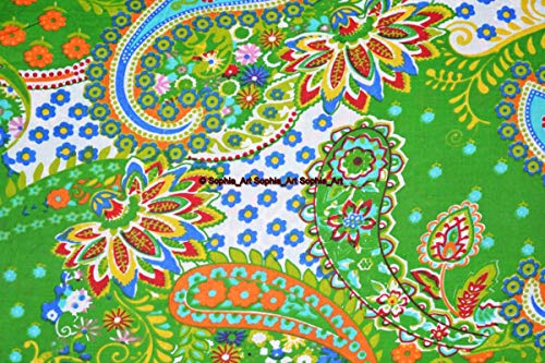 Image of Indian Hand-Block Printed Jaipuri Print Tropical Paisley Floral Ethnic Sanganer Kurti Print Cotton Fabric (Green Paisley, 15 Yards)