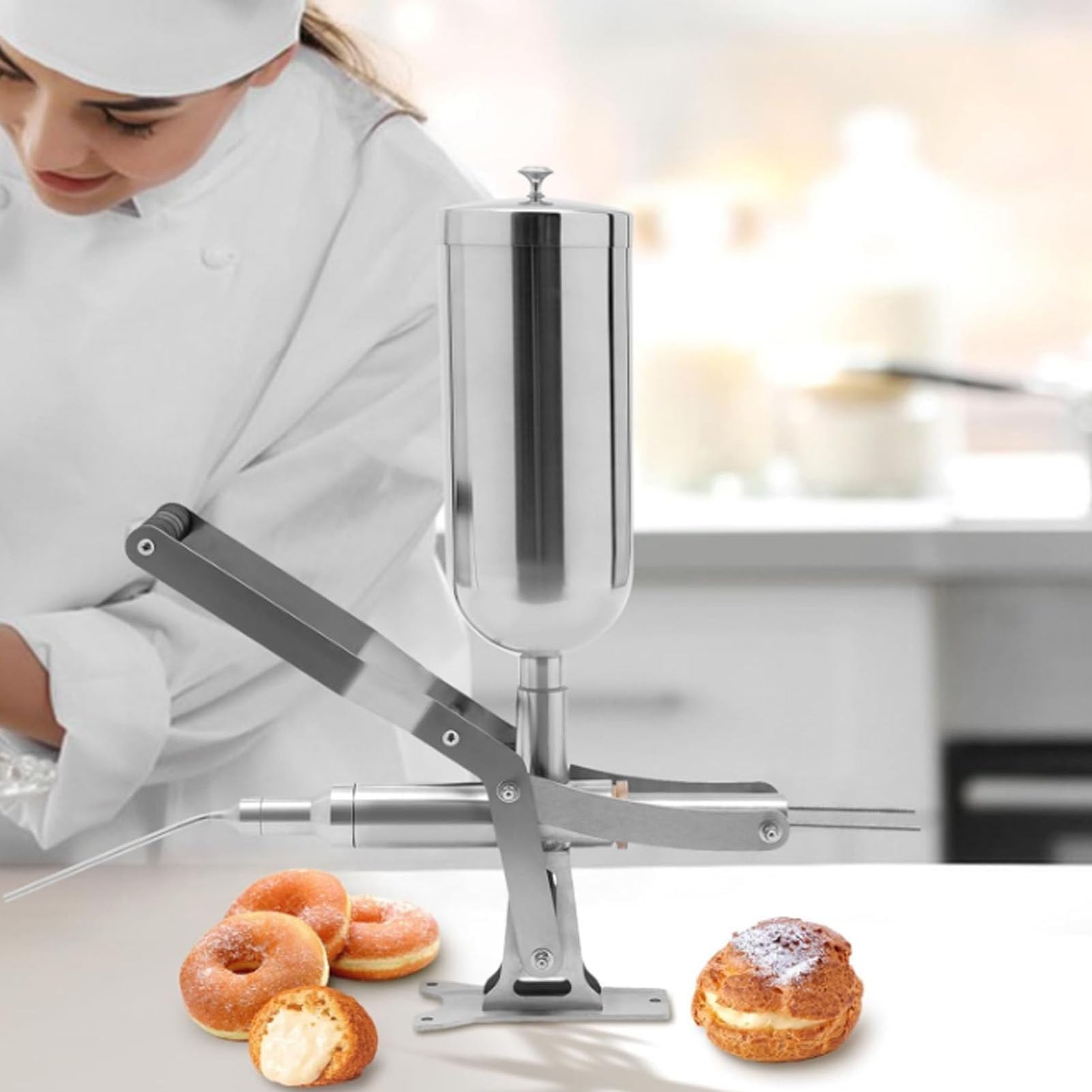 Máquina llenadora de donas de acero inoxidable con 4 tubos para un llenado eficiente de crema y gelatina en panaderías, restaurantes y cafeterías