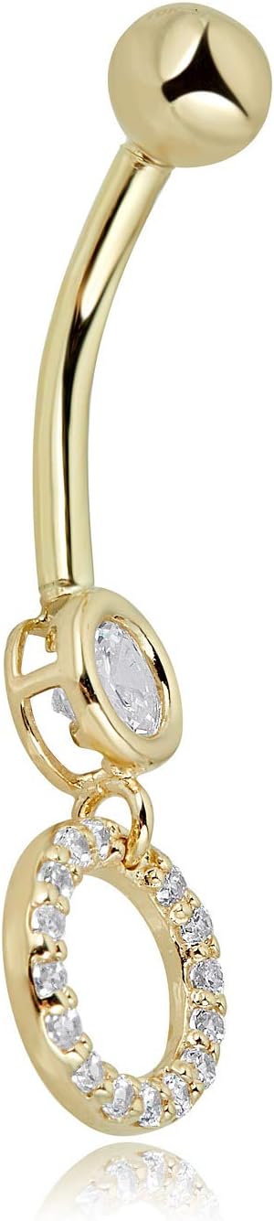 AVORA 10K Gold Simulated Diamond CZ Open Circle Dangling Belly Button Ring Body Jewelry (14 Gauge)