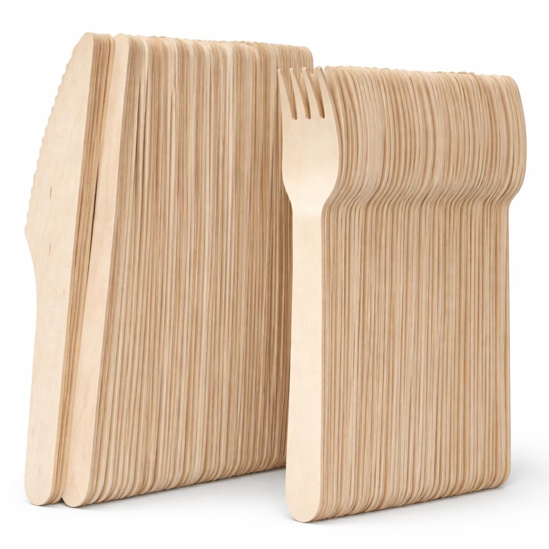 Wooden Cutlery Set 200 Piece – 100 Knives, 100 Forks – Birchwood Disposable Eco Friendly Utensils for Parties, Catering, BBQ, Takeaway & Events – Strong & Smooth Finish