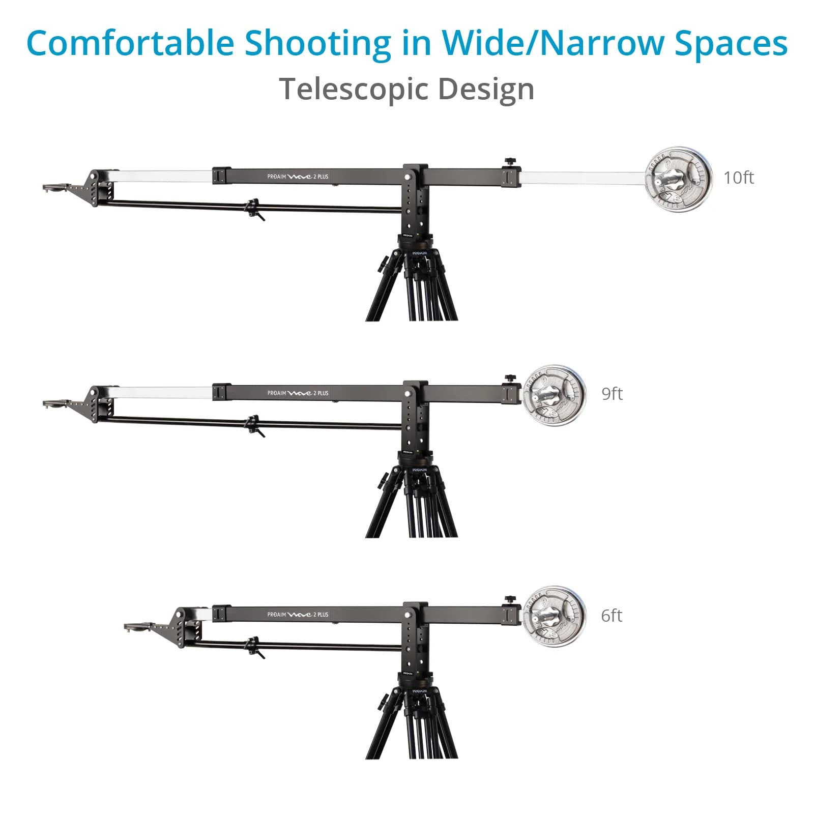 PROAIM Pack Grue Caméra Wave-2 10ft pour Production Vidéo | Comprend un trépied 100 mm, un dolly, une tête pan-tilt à joystick et supporte jusqu'à 25 kg.