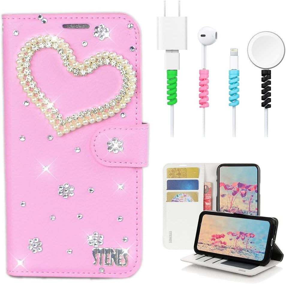 STENES Bling Wallet Phone Case Compatible with Google Pixel 7 Case - Stylish - 3D Handmade Pretty Bird Flower Floral Leather Cover with Cable Protector [4 Pack] - Purple