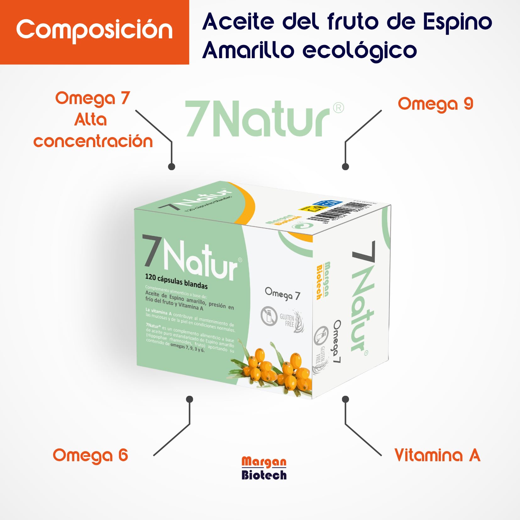 7Natur® de Margan Bioetch, 120 cápsulas | Omega 7 + Omega 6 + Omega 9 + Vitamina A | Aceite de Espino Amarillo (Hippophae Rhamnoides L., Fruto) | Alta Concentración de Omega 7