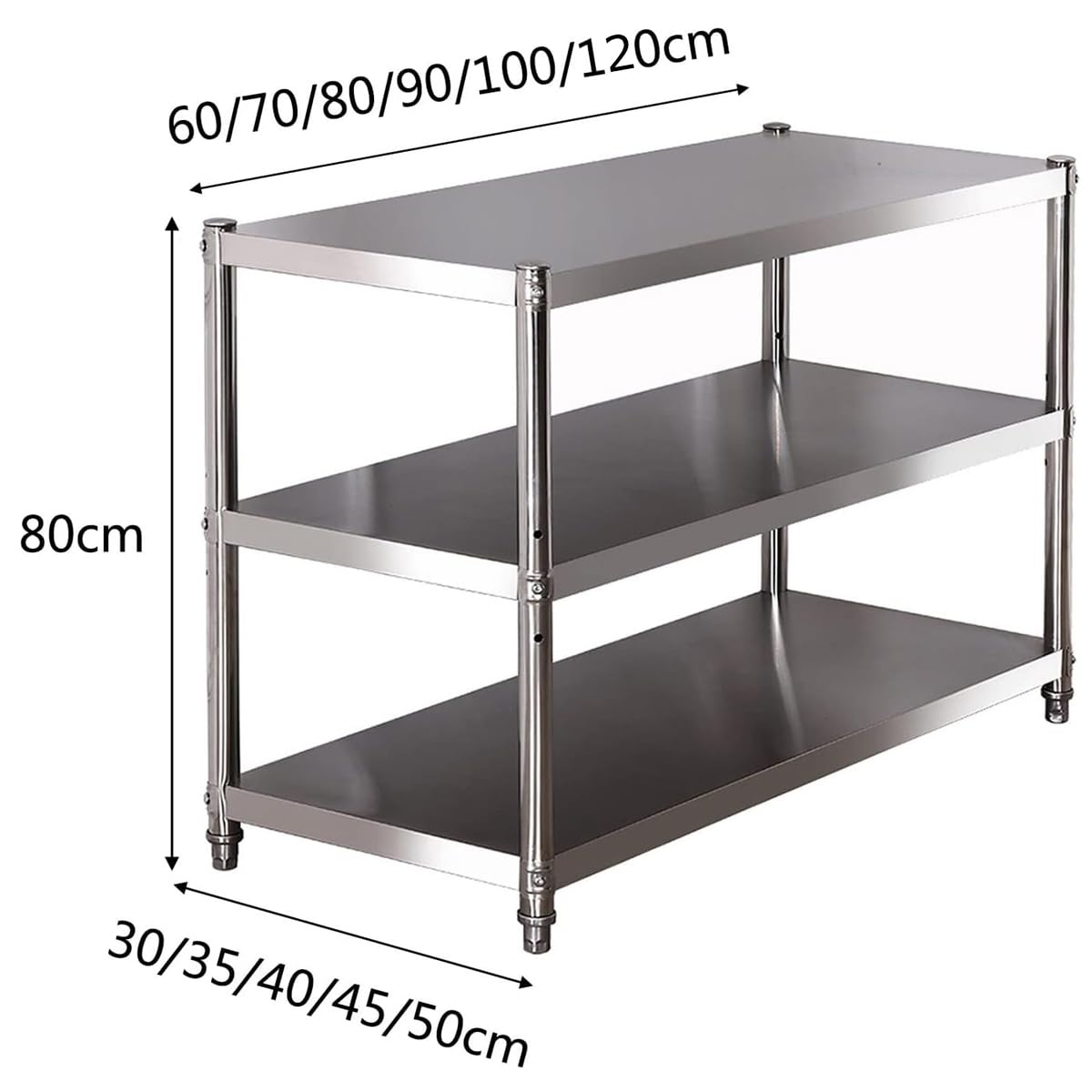 Banco da Lavoro Piano di Lavoro in Acciaio Inox per Cucina Tavolo da Preparazione Inox A 3 Ripiani Scaffalatura per Cucine Commerciali 60x40x80cm