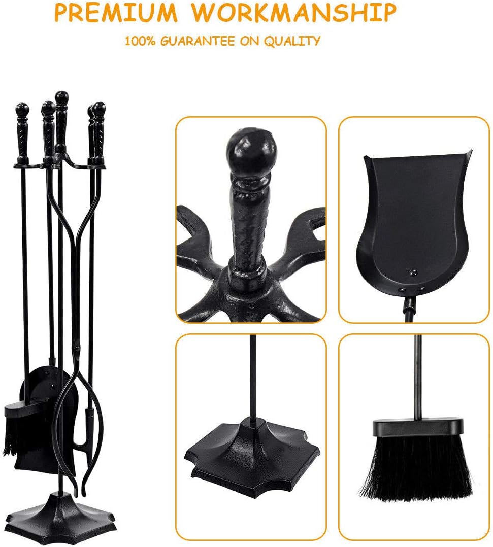 Tangkula 32 inch Fireplace Set 5 Piece Rustic Heavy Duty Compact Wrought Iron Fire Place Tool Set with Pedestal Place, Hearth Tool