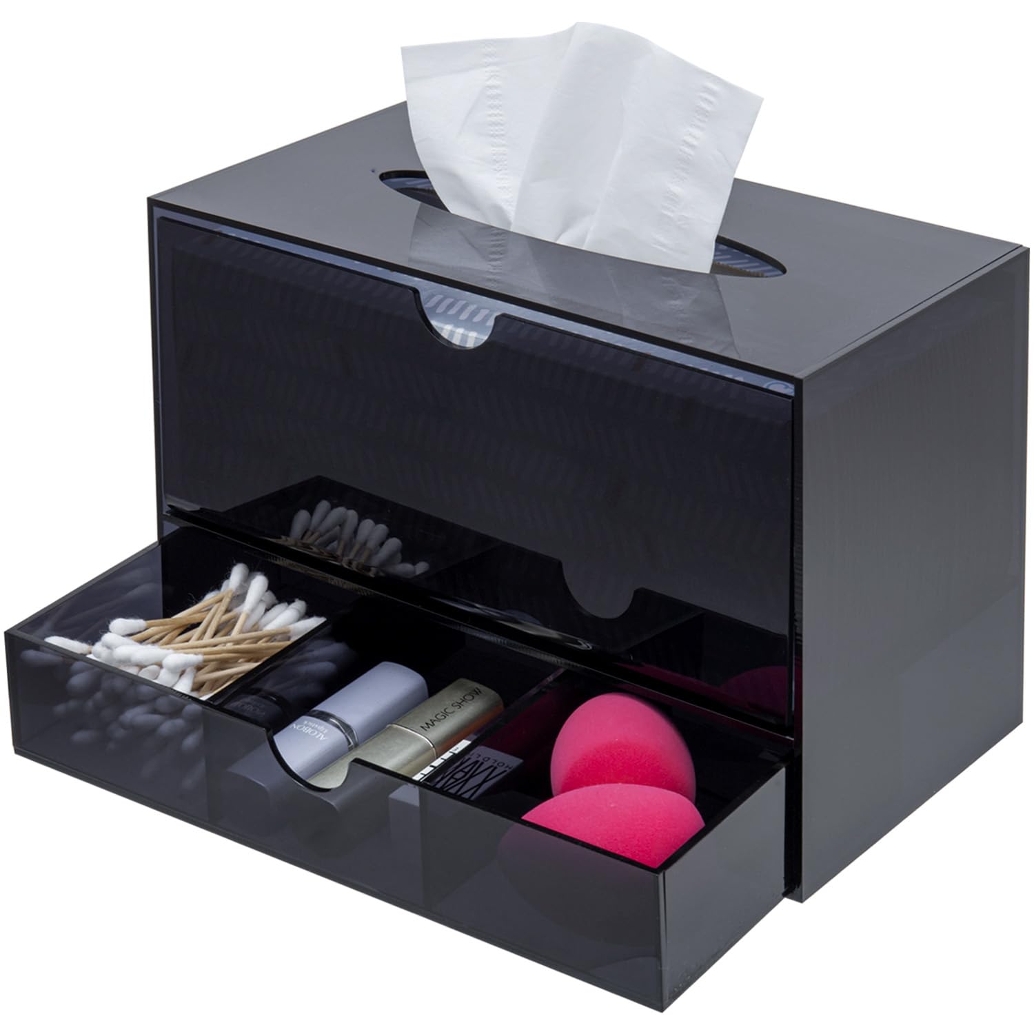 MyGift Premium Black Acrylic Cosmetic Organizer Caddy and Tissue Box Cover with Pull Out Makeup Storage Drawer - Countertop Bathroom Supplies Holder