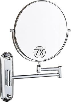 Wall Mounted Makeup Mirror with Magnification, Chrome Double Sided Magnifying Mirror, 360 Swivel Adjustable Cosmetic Bathroom Vanity Mirror,7X,6 inch