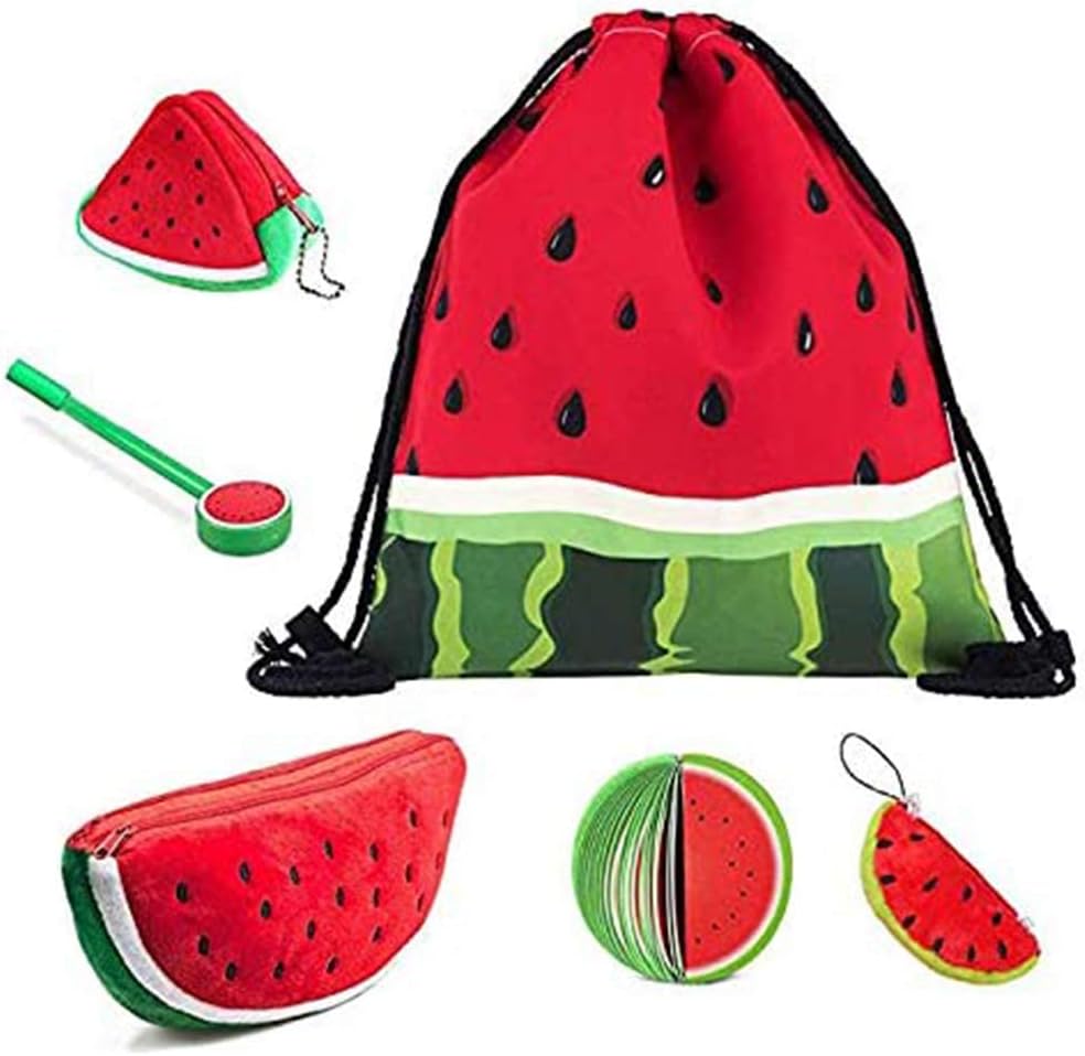 Watermelon Backpack Drawstring Bag, Cute Large Plush Pencil Case Holder, 3D Coin Purse Key Holder Bags, Keychain Pendant Decorations, Fruit Notepads with Pen for Boy Girl Students (Set of 6)