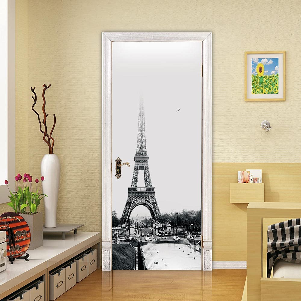 Adesivo Muro Per Porte 3D – Torre Eiffel E Città, 77x200 Cm, Vinile Autoadesivo Impermeabile Per Cucina, Camera E Soggiorno