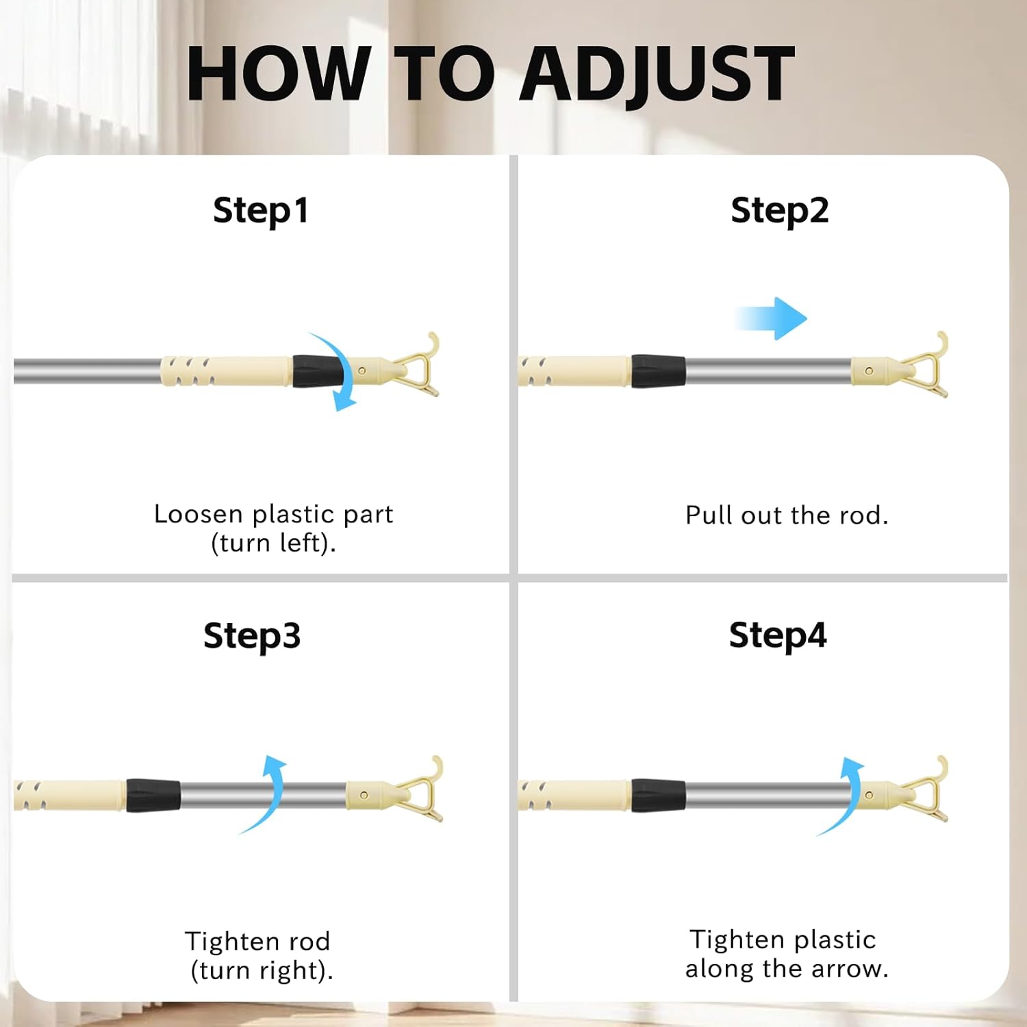 55-100 Inch Adjustable Telescoping Pole with Hook for Skylight Window Blinds - Super Long Tension Rod for Blinds and Window Shades, Stainless Steel Curtain Pull Wand