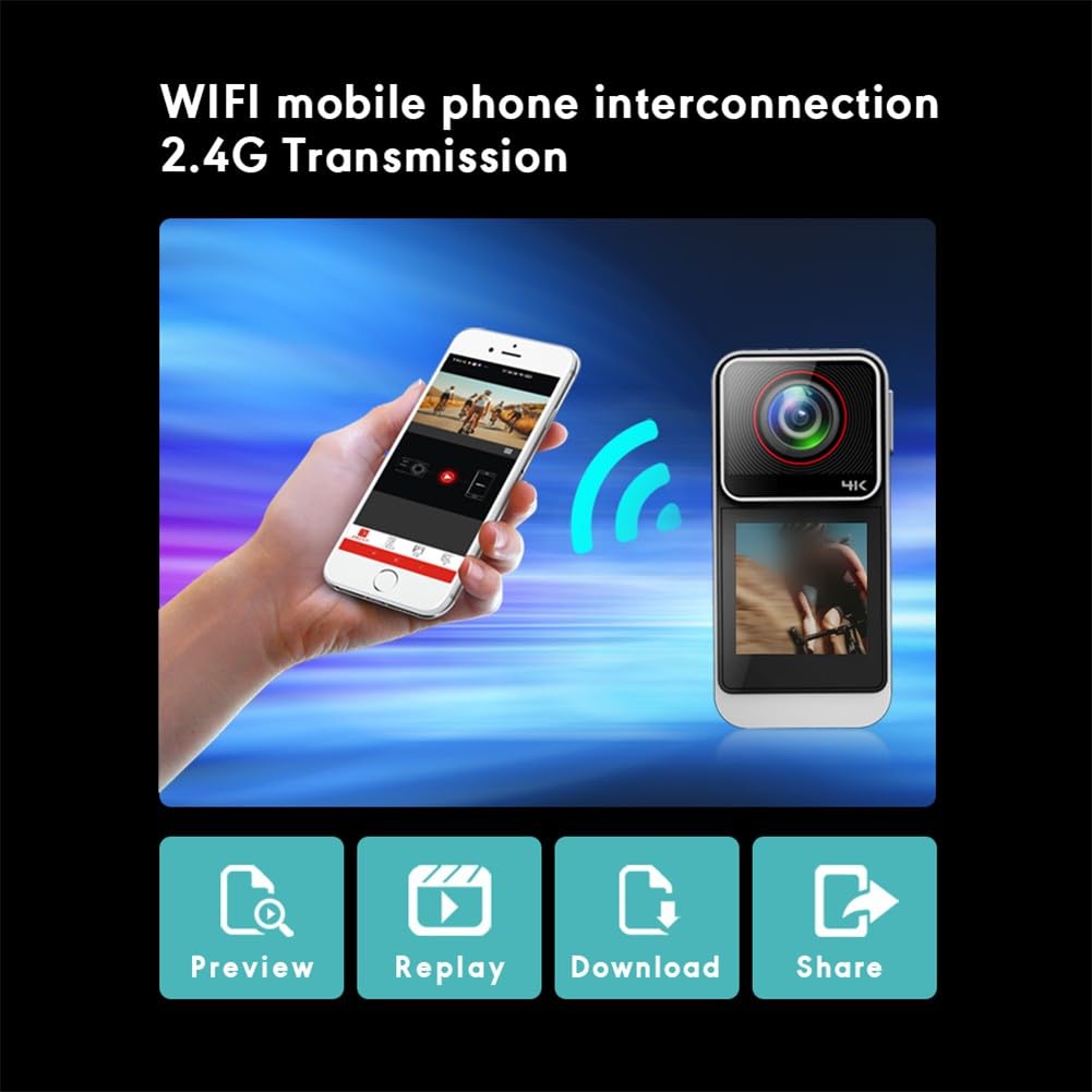 ZYWUOY Action Camera 4K, videocamera sportiva impermeabile con foto da 20 MP, registratore Vlog portatile per casco bici per ciclismo, immersioni e animali domestici