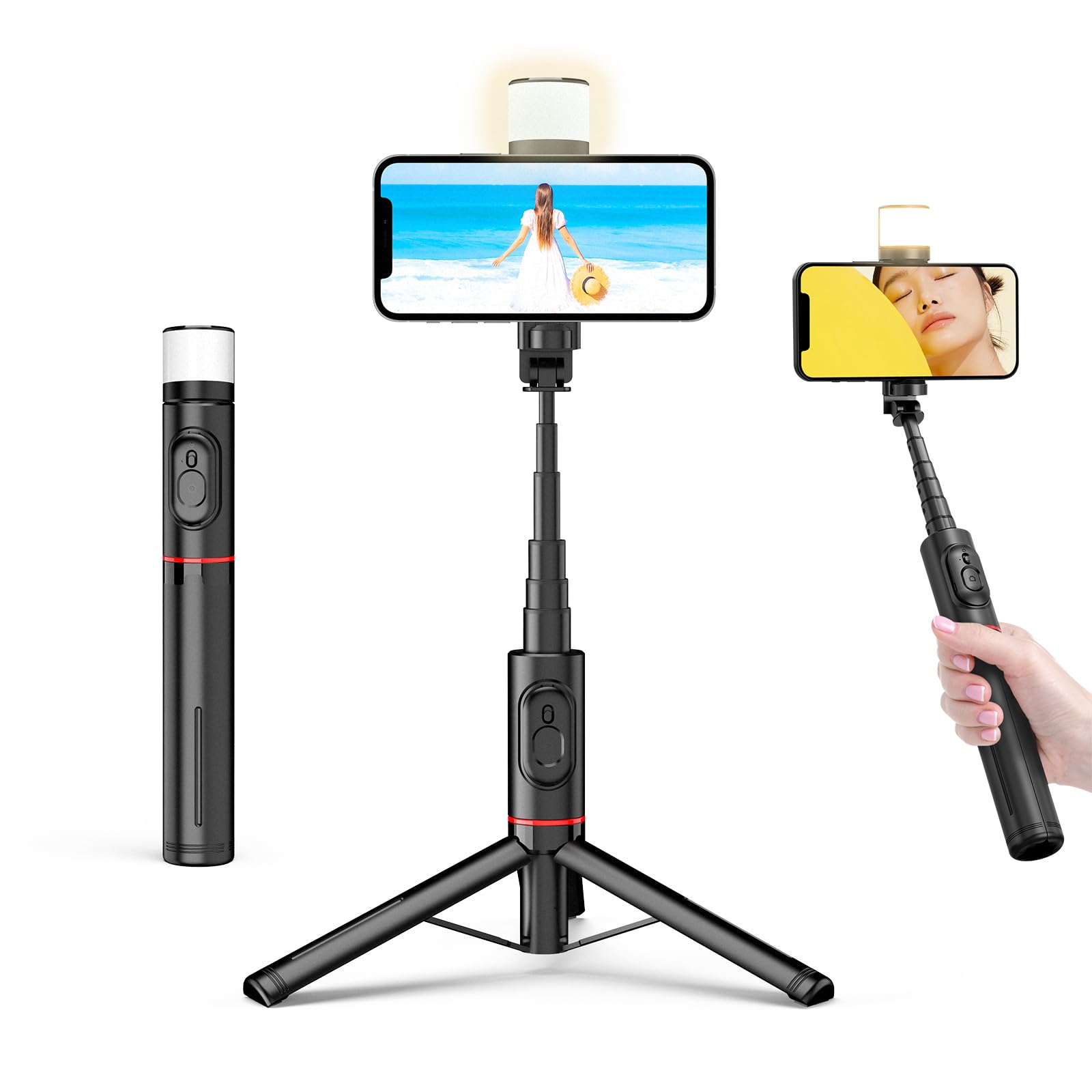 Moman Q12S Selfie Stick Tripod, 77 cm Aluminium Mobile Phone Tripod Portable Tripod Mobile Phone Holder Selfie Rod for Smartphones, All in 1 Selfie Stick