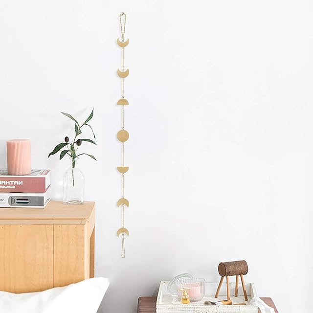 OCIOLI Moon Phase Wall Hanging Moon Phases Wall Art Moon Garland with Metal Chains for Wall Decor Bedroom Office Nursery Window Decorative Hanging Ornaments (Gold)