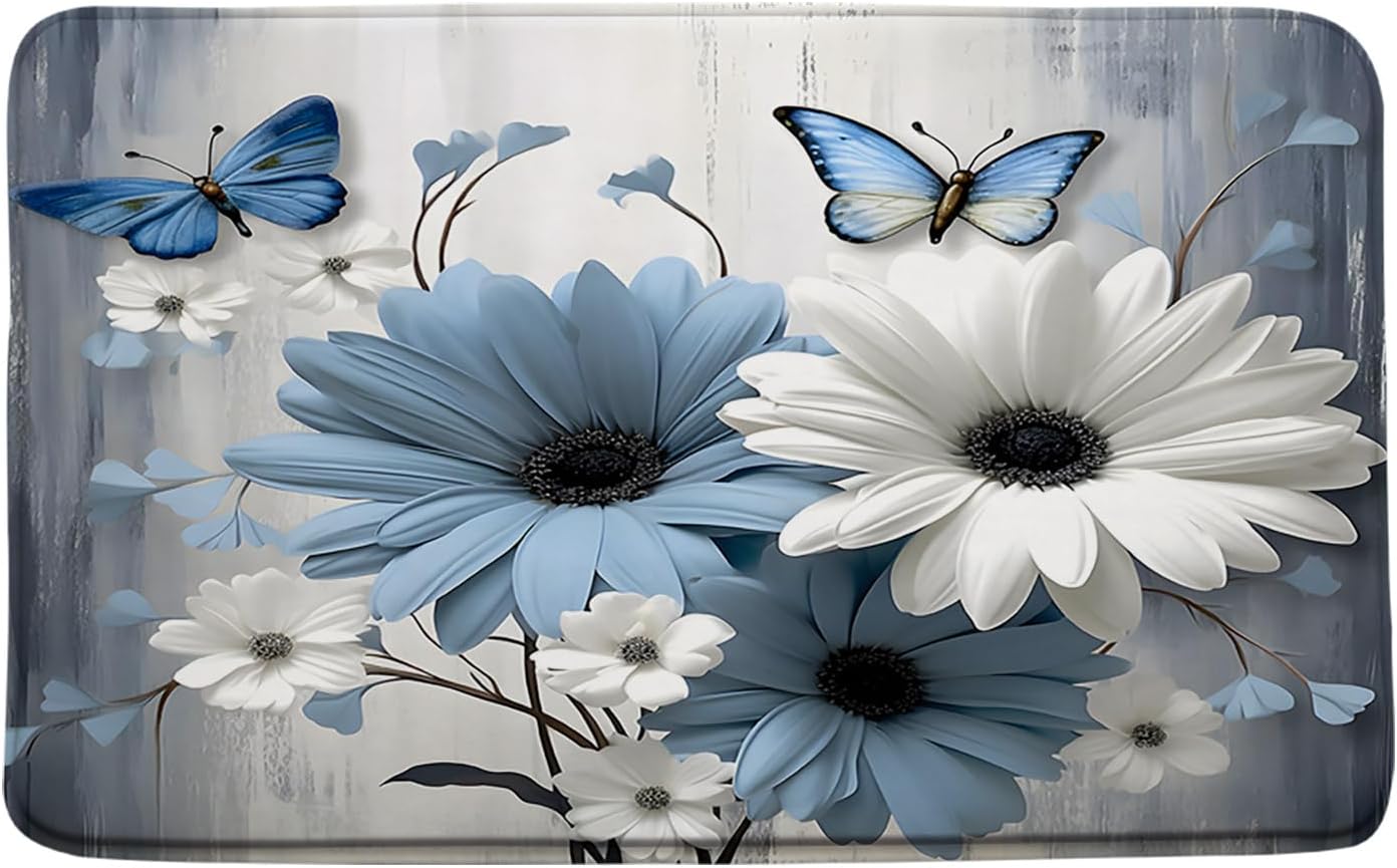 Rustic Blue Floral Bath Mat Farmhouse Flowers Butterfly Daisy Botanical Nature Country Wooden Bathtub Bath Area Rugs Bathroom Decor(24x59 Inch)