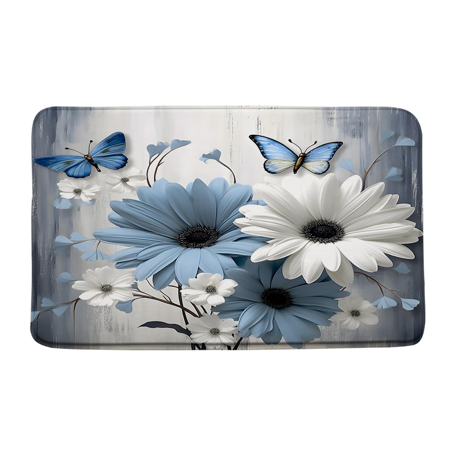 ASVEAS Rustic Blue Floral Bath Mat Farmhouse Flowers Butterfly Daisy Botanical Nature Country Wooden Bathtub Bath Area Rugs Bathroom Decor(16x24 Inch)