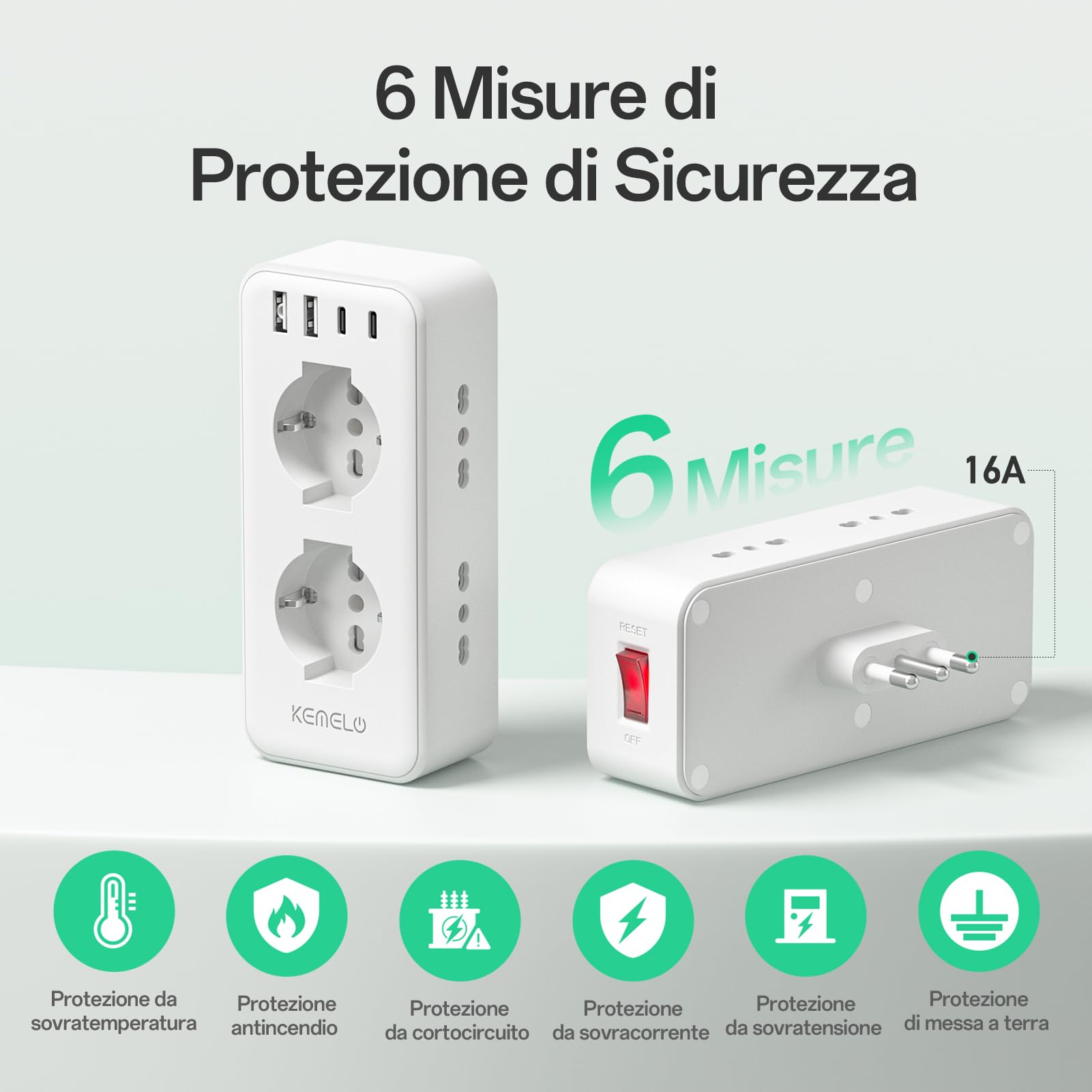 Multiprise murale avec 6 prises universelles 10/16 A ITA et Schuko, multiprise murale avec 2 USB A+2 USB C, prise électrique plate peu encombrante avec interrupteurs pour bureau, maison
