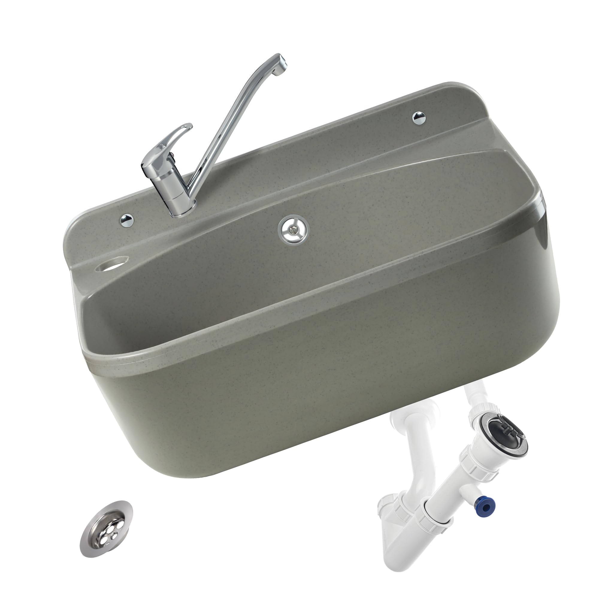 GOSPO Fregadero con grifo giratorio, sifón, lavabo 46 x 36 x 20 cm, lavadero para garaje, lavabo, sótano, montaje en pared, en placa, fregadero, incluye accesorios (gris)