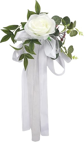 Fofetbfo Juego de 10 decoraciones para sillas de pasillo de boda, rosas de seda, flores con cintas, sillas, respaldo, arreglo de flores para