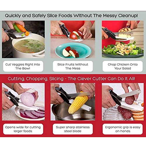 Food Chopper-Clever Stainless Steel Knife with Cutting Board Built-in-Use for Quick and Easy Cutting in Your Kitchen as Food shears, Food Scissors, Vegetable Slicer, Fruit Cutter