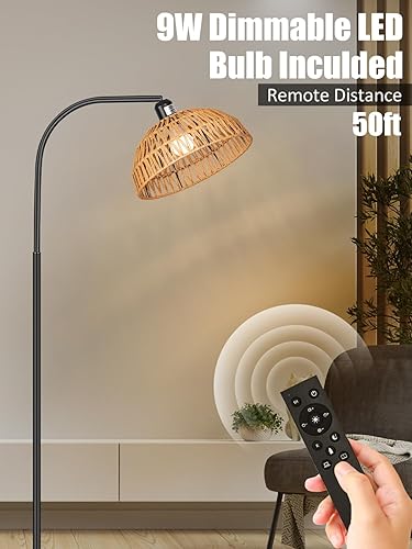 Miniatura 3 de Lámpara de pie de ratán, lámpara de pie bohemia con control remoto y bombilla regulable, pantallas de ratán ajustables trabajadas a mano, lámpara