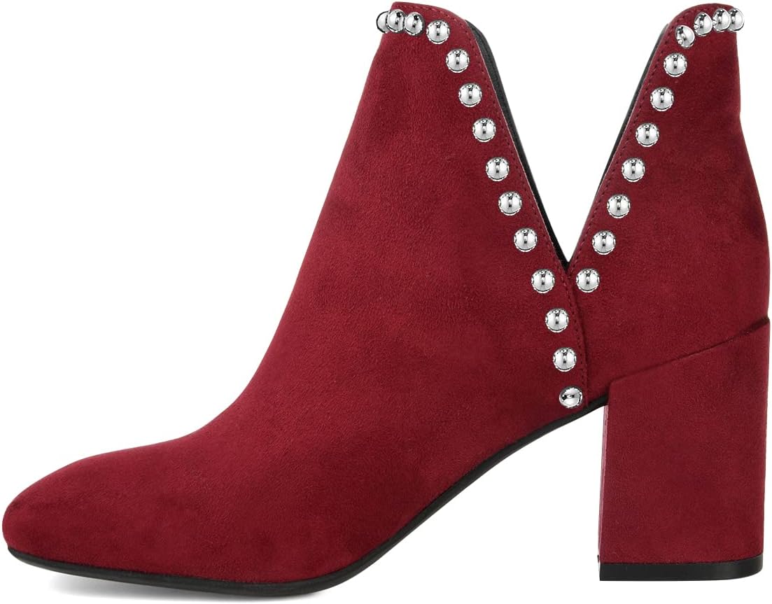 FSJ Women Stylish Ankle Boots Studded V Cutout Closed Round Toe Rivet Slip On Western Chunky Stacked Mid Heel Booties Size 4-15 US