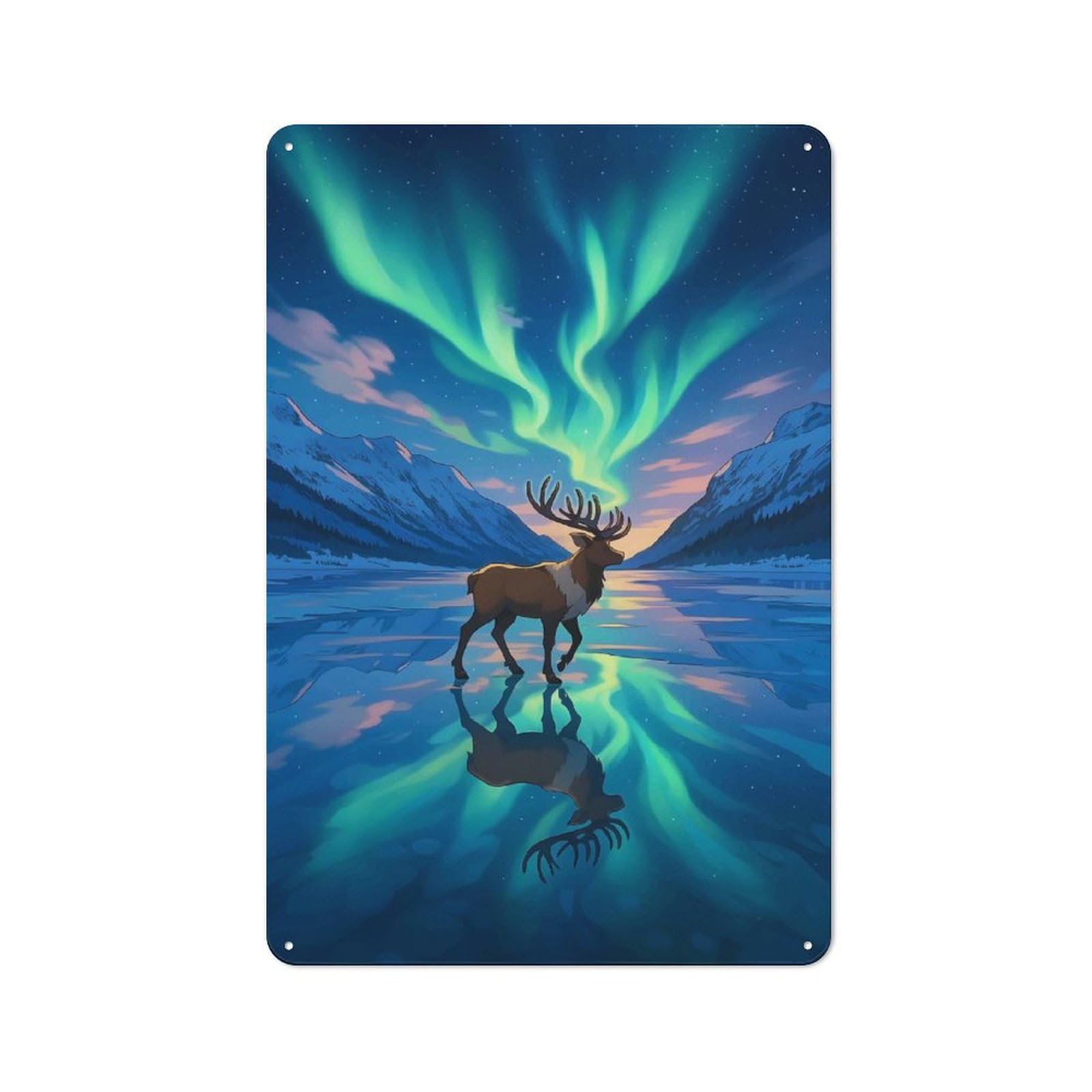 Junmoney Style-23 Tin Wall Plaque 30X20cm With Reindeer Under Aurora Borealis For Workshop Wall, With Clear Retro Wall Decor Character