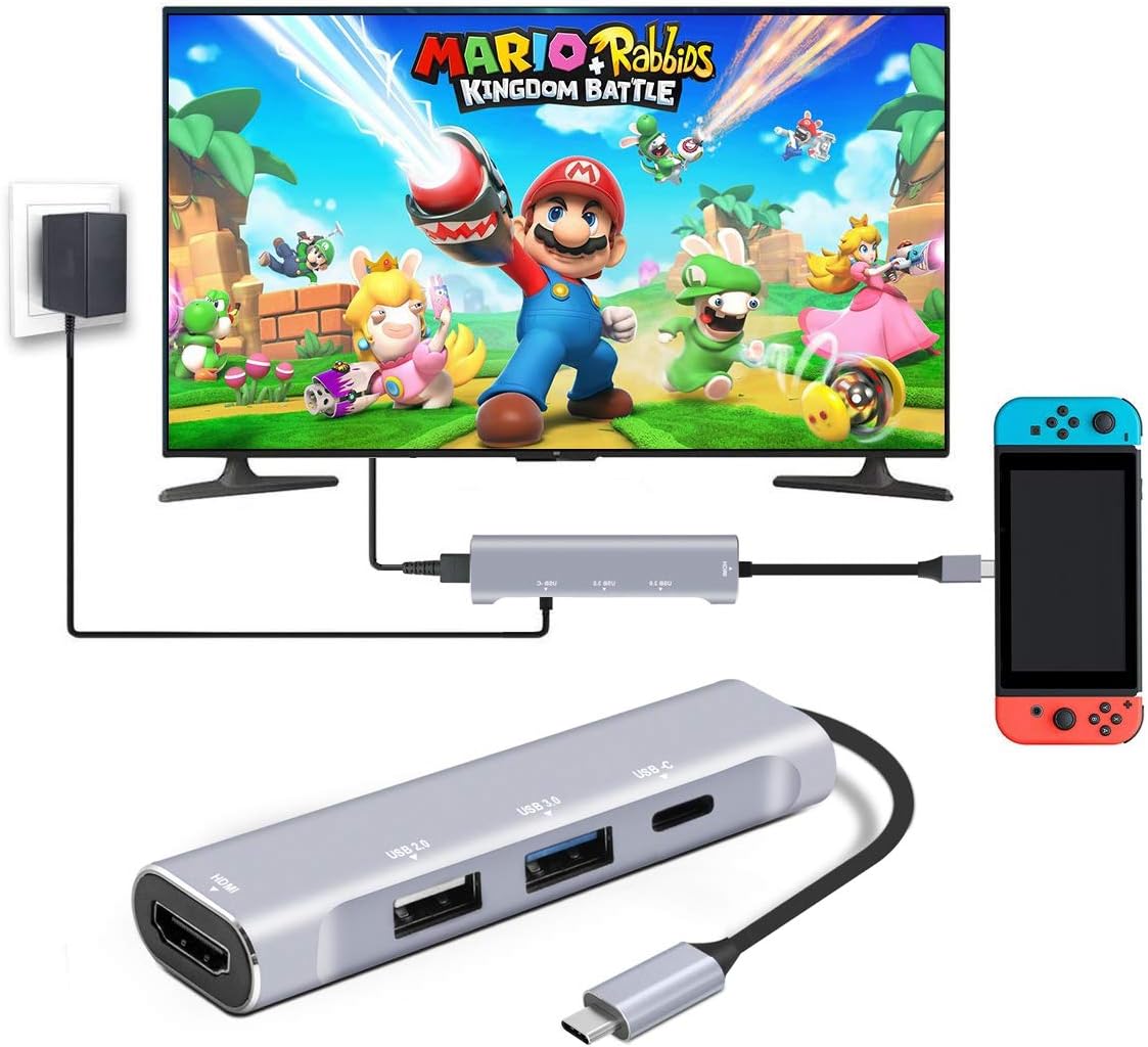 HDMI USB C Hub for Nintendo Switch,AOGE Switch Dock(4 in 1) Support the latest system 5.0.0 with USB C Charging Port/USB 2.0/USB 3.0/HDMI 4K for Nintendo Switch(Space Grey)