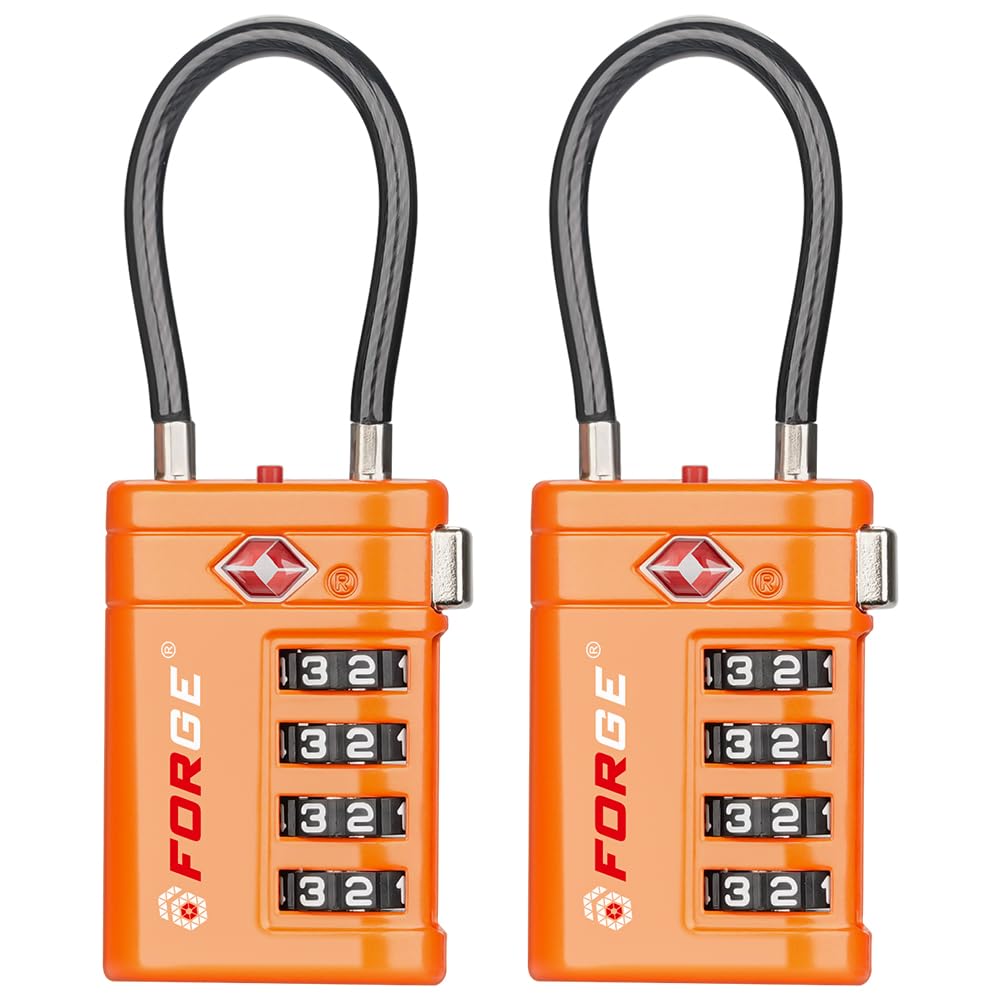 Forge Open Alert Indicator, TSA Approved Luggage Locks 4 Digit Combination TSA Travel Locks with TSA008, Zinc Alloy Body for Luggage, Suitcase, Backpack, and More. Orange 2 Locks.