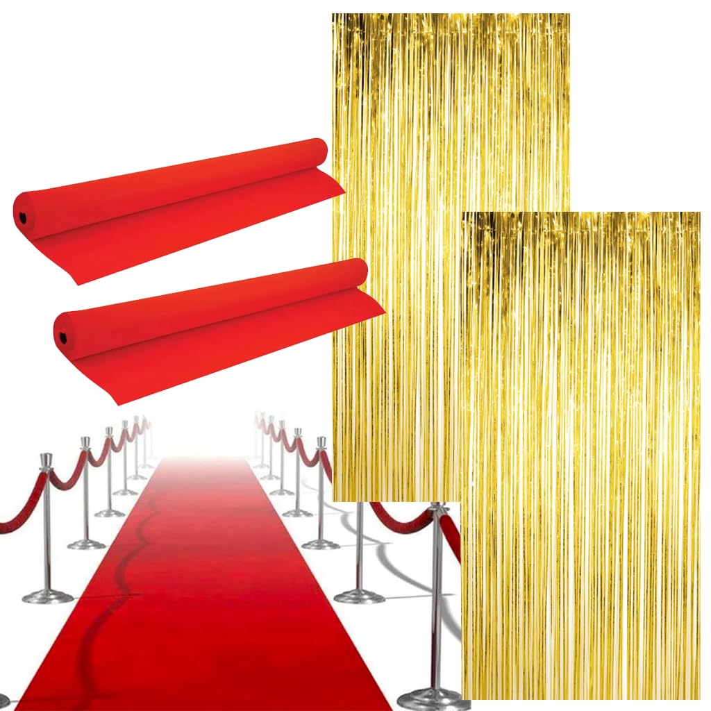LOVETRENDS Hollywood Party Decoration Set - 2x Red Carpet Runners, 2x Gold Foil Curtains - Red Carpet Events Oscar Parties Movie Premiere Celebrations Party Décor