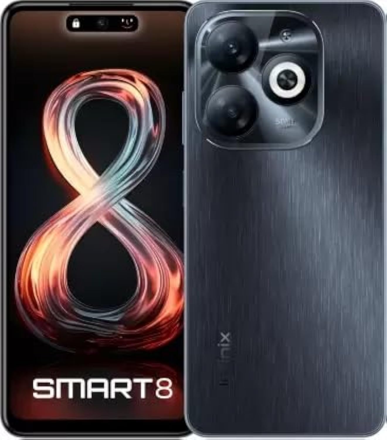 Infinix Smart 8 smartphone, Timber Black color, showing front and back views.