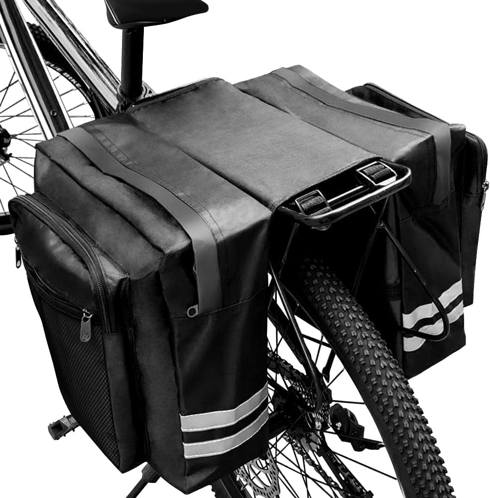 30L Waterproof Bike Pannier Bag, Double Pannier Bag for Bicycle Rear Rack, Reflective Stripe, Commute, Travel, Picnic (Black)