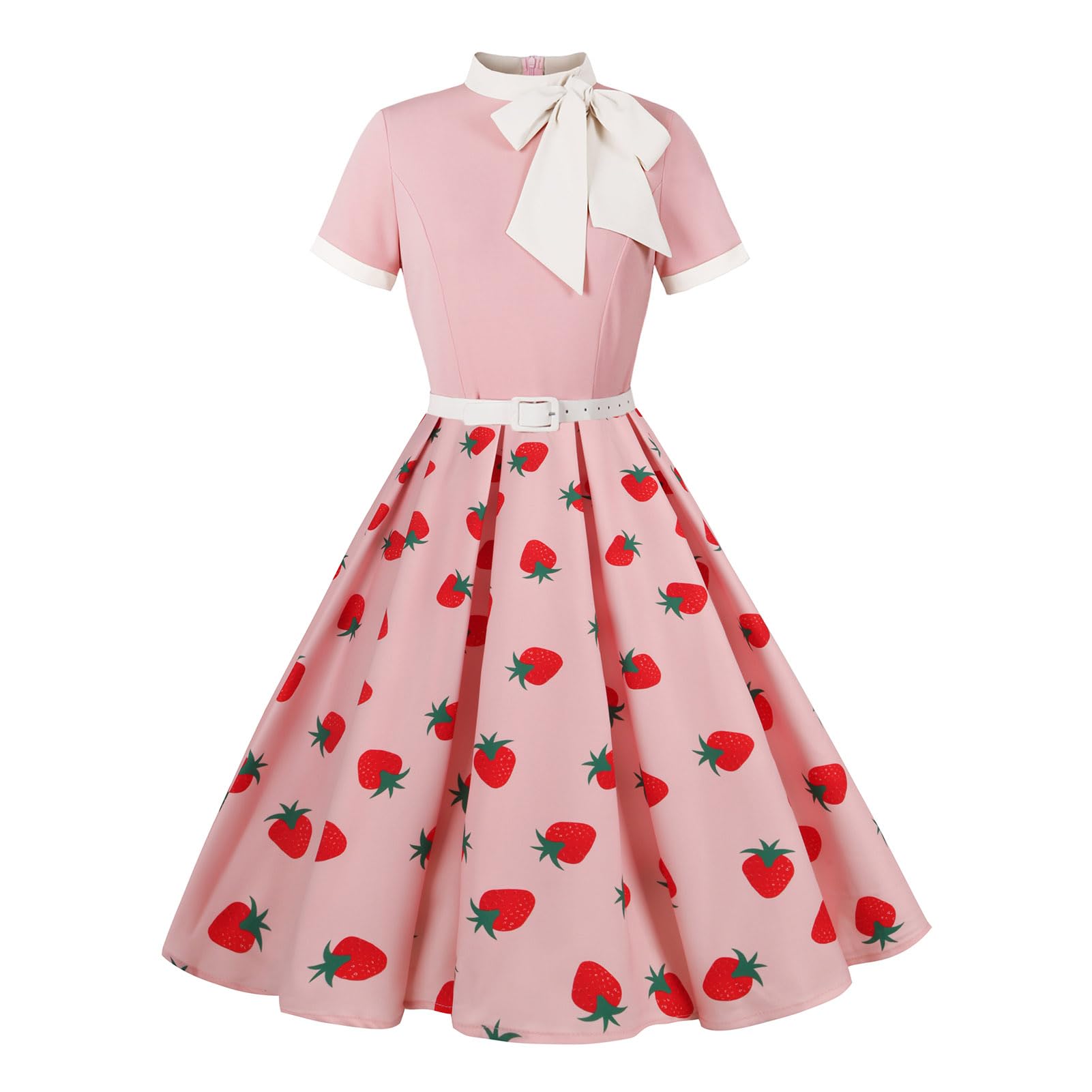 50s Style Dresses for Women Vintage Short Sleeve Tie Neck Swing Midi Dress