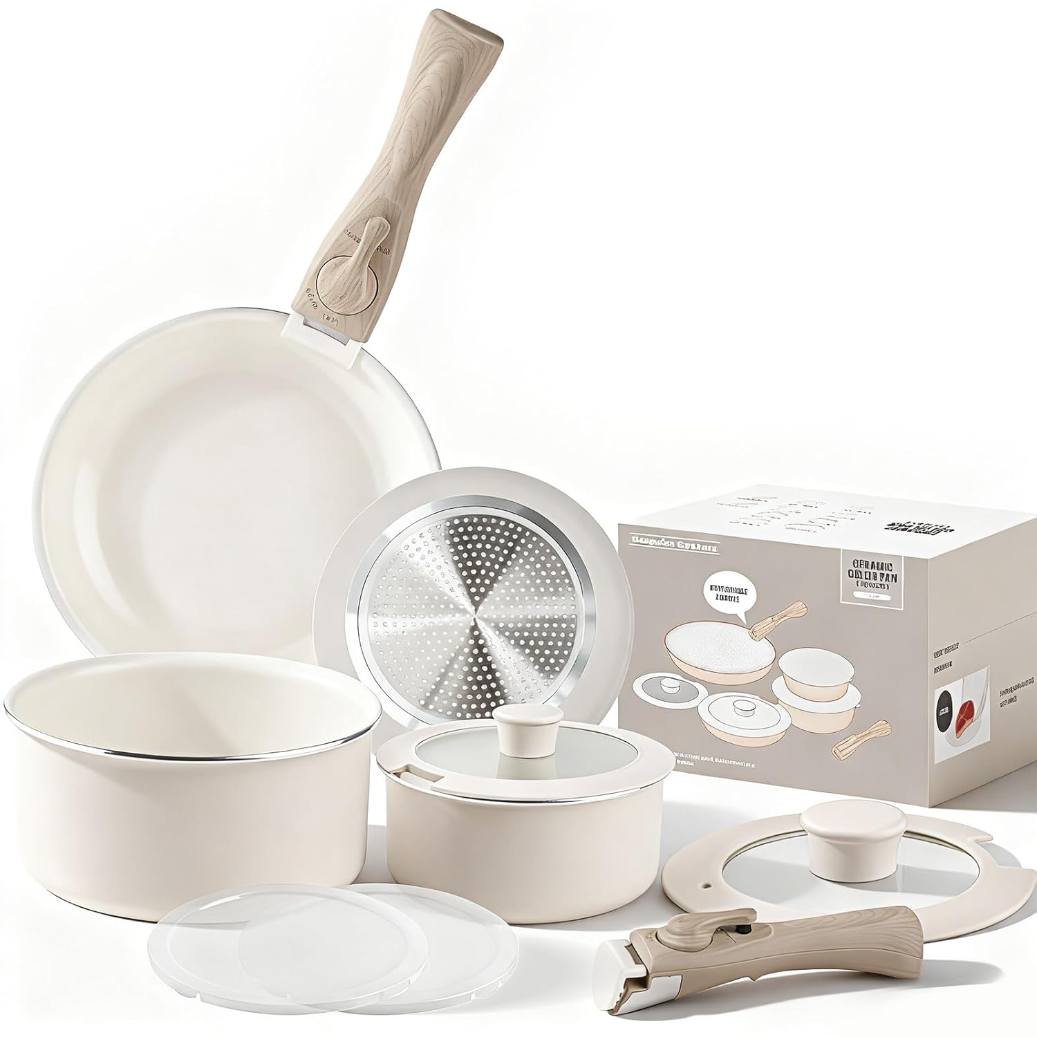 Heapsion 10-Piece Ceramic Nonstick Cookware Set PFAS PFOA PTFE-Free Non-Toxic Pots and Pans Set with Detachable Handles Dishwasher