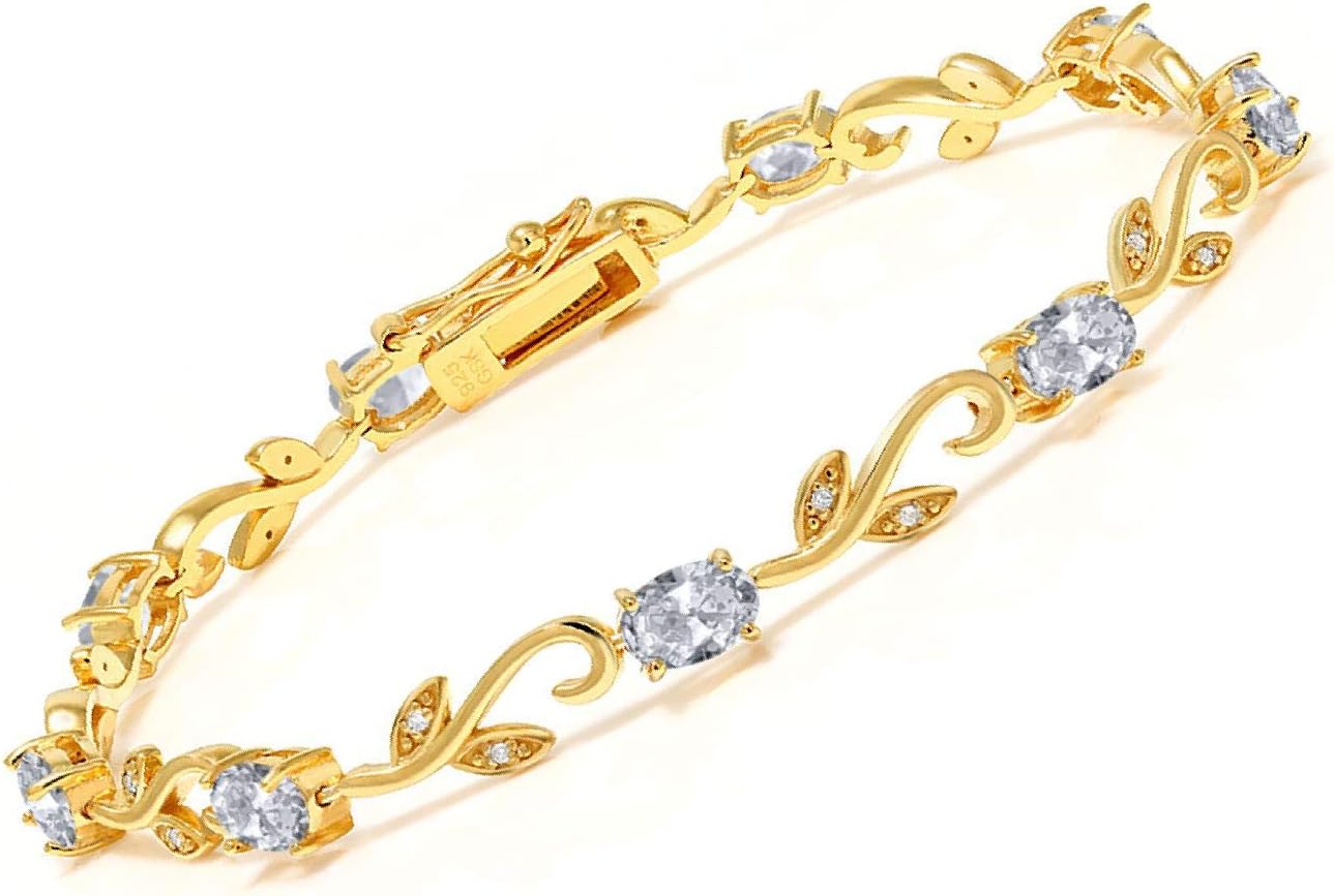 Gem Stone King 18K Yellow Gold Plated Silver White Topaz and White Diamond Greek Vine Tennis Bracelet For Women | 4.63 Cttw | Oval 6X4MM | 7 Inch