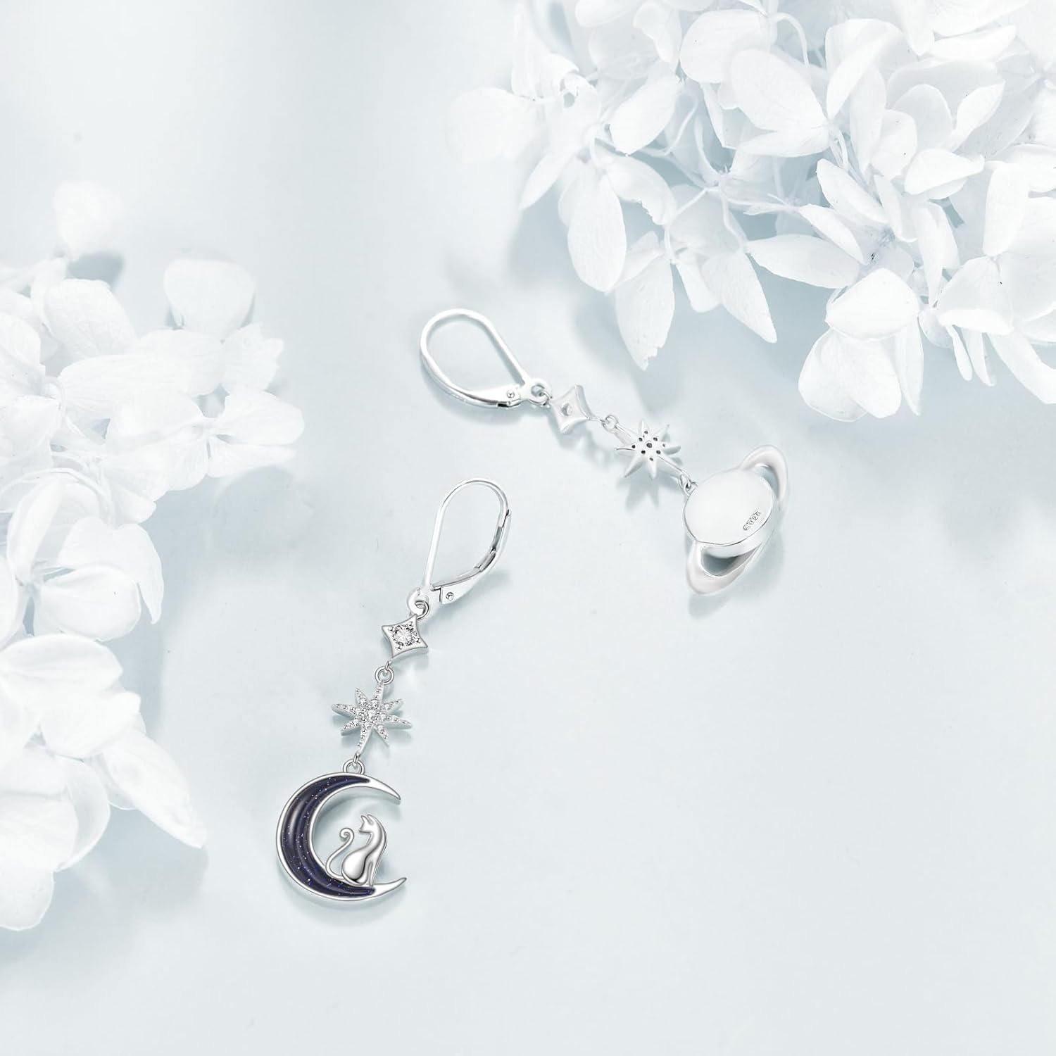 URONE Cat Moon Planet Earrings 925 Sterling Silver Planet Moon Dangle Earrings Cat Jewelry Gifts for Women